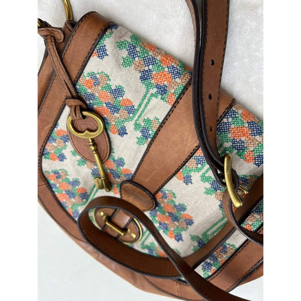 Vintage Fossil Brown Leather Canvas Single Stitch Saddle Bag Shoulder Bag EUC - Picture 4 of 16
